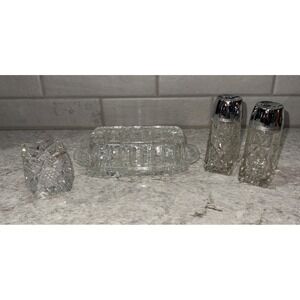 Vintage Clear Glass Covered Butter Dish Lid Salt Pepper Shakers Toothpick Holder